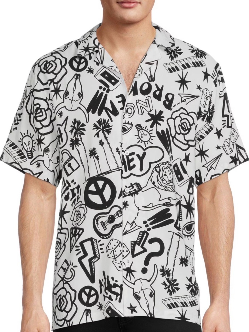 No Boundaries Black & White Graphic Short-Sleeve Button Down Shirt